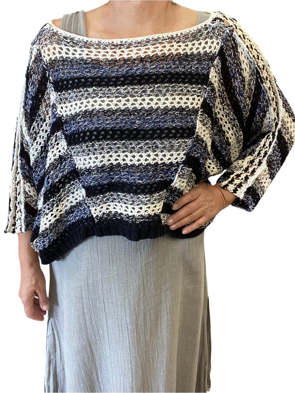 Free People Linen Cotton Navy White & Black Striped Open-Knit Sweater Oversized